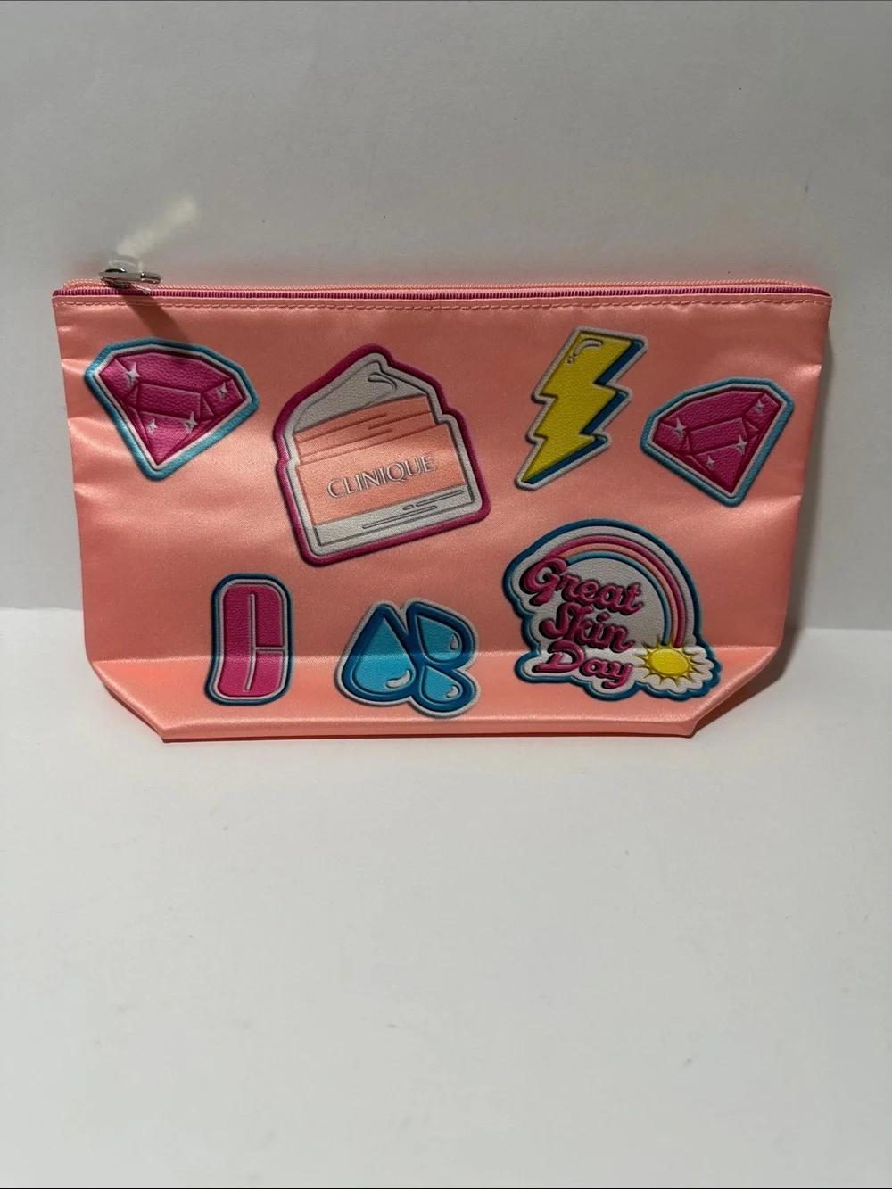 Clinique Peach Makeup Bag NWOT Fun Patch Cosmetic Pouch Zip Top